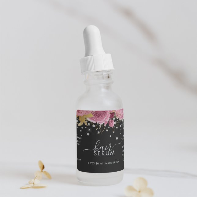 Pink Flowers Diamond Glitter Black Product Label Adressetikett (Pink Flowers Diamond Glitter Black Product Labe)