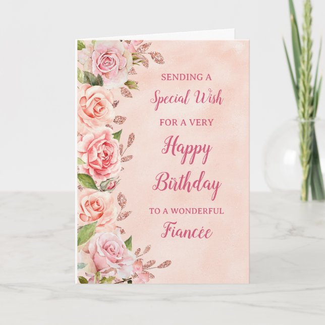 Pink Flowers Fiancée Birthday Card Kort (Framsida)