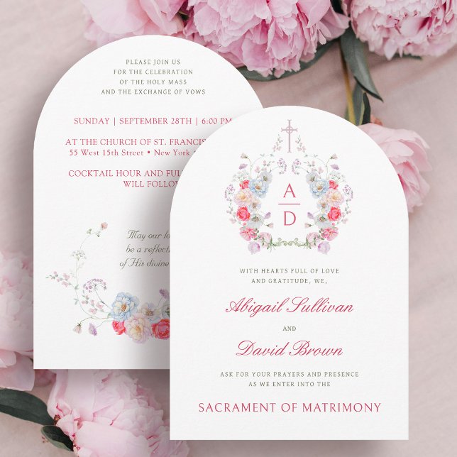 Pink Flowers Frame Catholic Wedding Invitation Inbjudningar (Skapare uppladdad)