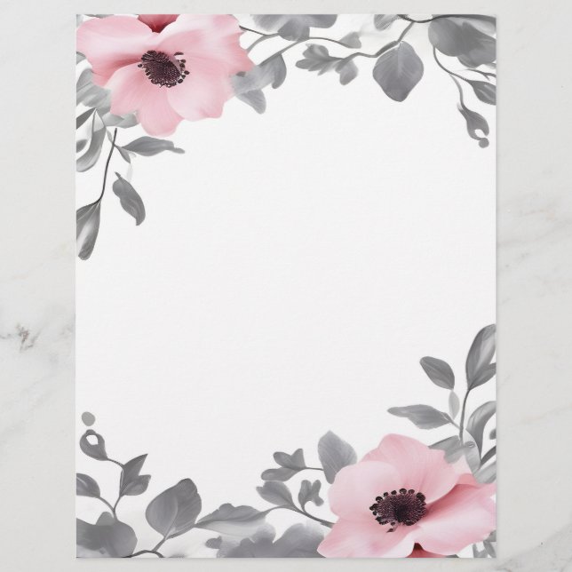 Pink Flowers Gray Accents Stationery Paper Brevhuvud (Framsida)