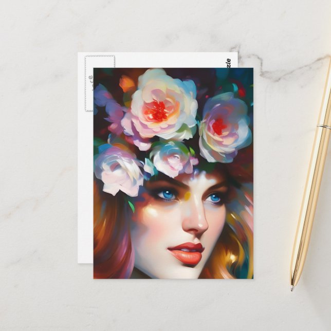 Pink Flowers in her Hair Vykort (Fram/Back In Situ)