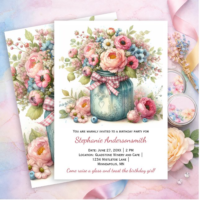 Pink Flowers Mason Jar Birthday Party | Invitation Inbjudningar (Skapare uppladdad)