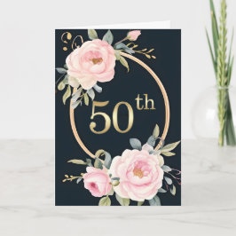 Pink Flowers on Black 50th Wedding Anniversary Kort