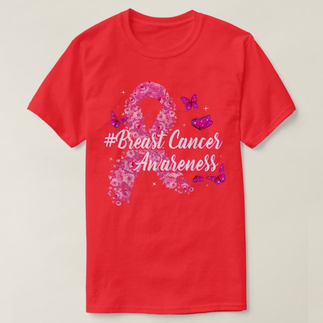 Pink Flowers Ribbon Breast Cancer Awareness  T Shirt (Design framsida)