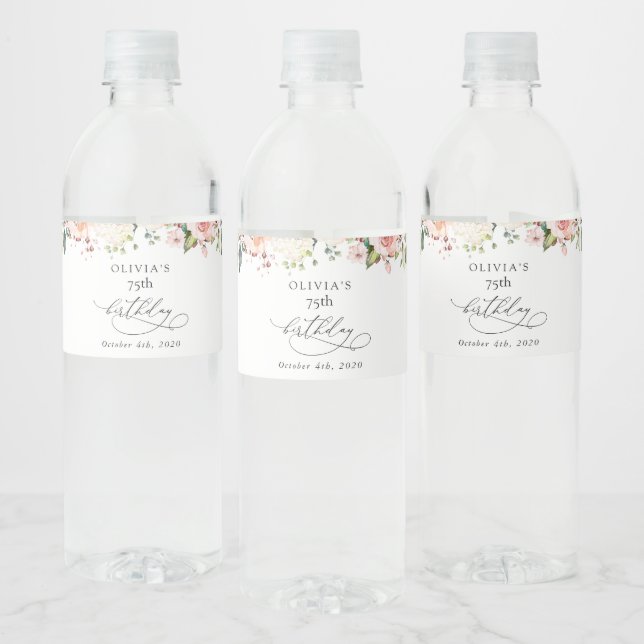 Pink Flowers, White Flowers, Boho, Birthday Vattenflaskor Etikett (Flaskor)