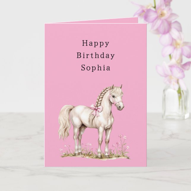 Pink Flowers White Horse Cowgirl Birthday Kort (Orkide)