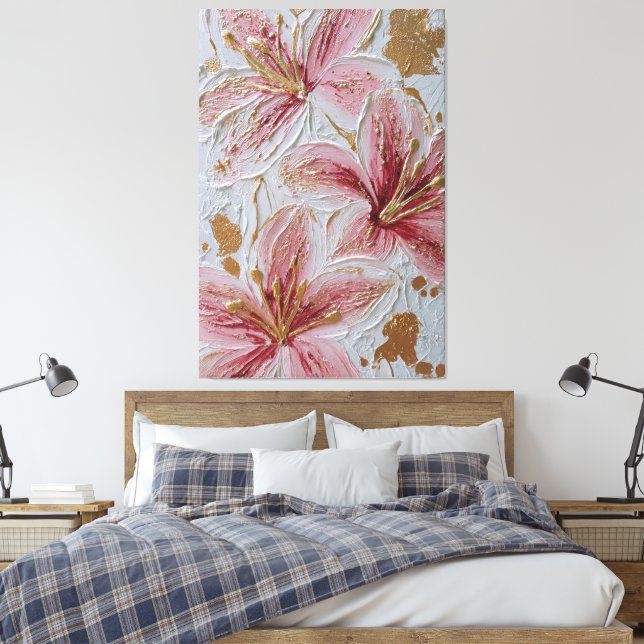 Pink Flowers with Gold Texture Abstract Wall Art Canvastryck (Insitu (sovrum))