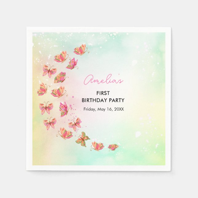 Pink Fluttering Butterfly Magic Girl 1st Birthday Pappersservett (Framsidan)