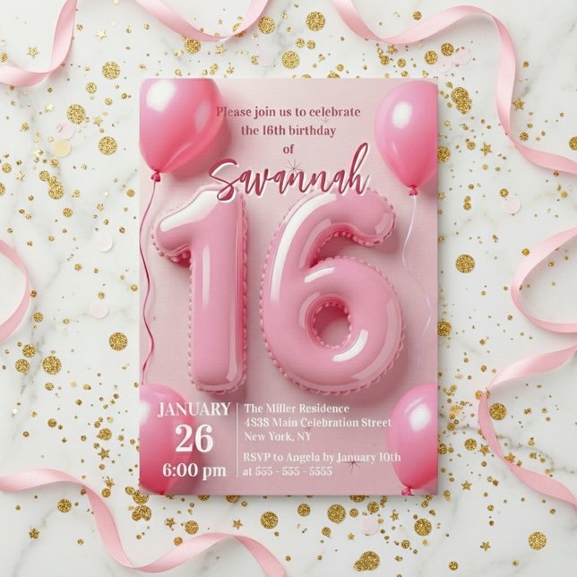 Pink Foil Balloon Typography Sweet 16 Birthday Inbjudningar (Skapare uppladdad)