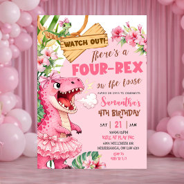 Pink Four Rex On The Loose Fourth Birthday Inbjudningar