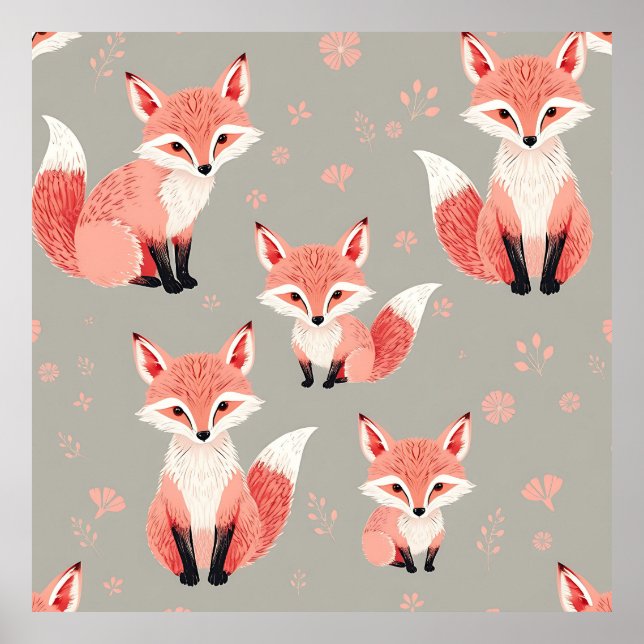 Pink Fox Baby Nursery Cute Woodland Animal Pattern Poster (Framsidan)