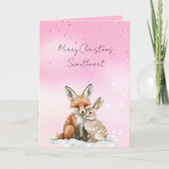 Pink Fox Bunny Love Glitter Sweetheart Christmas Kort (Framsida)