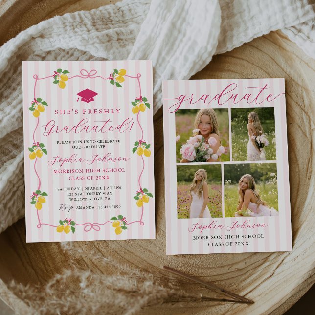 Pink Freshly Lemon Citrus Graduation Party Inbjudningar (Skapare uppladdad)