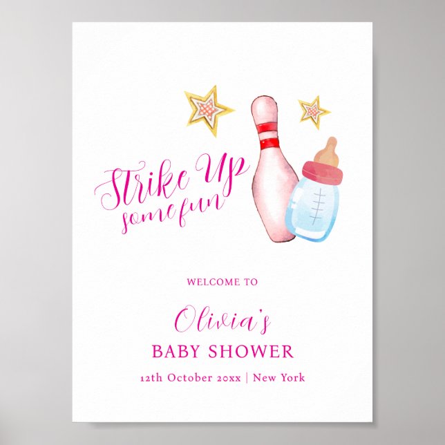Pink Fun Strike Up Bowling Baby Shower Welcome Poster (Framsidan)