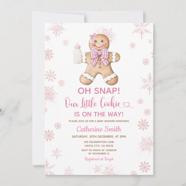 Pink Gingerbread Christmas Baby Shower Snowflakes Inbjudningar (Framsida)