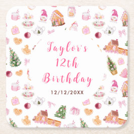 Pink Gingerbread House Birthday Party Underlägg Papper Kvadrat