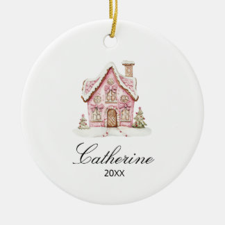 Pink Gingerbread House Christmas Custom Name Julgransprydnad Keramik