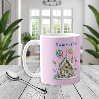 Pink Gingerbread House Kids Name Mug Kaffemugg