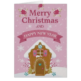 Pink Gingerbread House Merry Christmas Card Small OBS Kort
