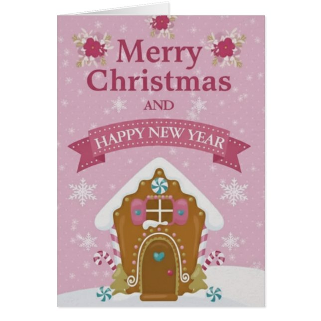 Pink Gingerbread House Merry Christmas Card Small OBS Kort (Framsidan)