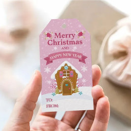 Pink Gingerbread House Merry Christmas Gift Tag Presentetikett