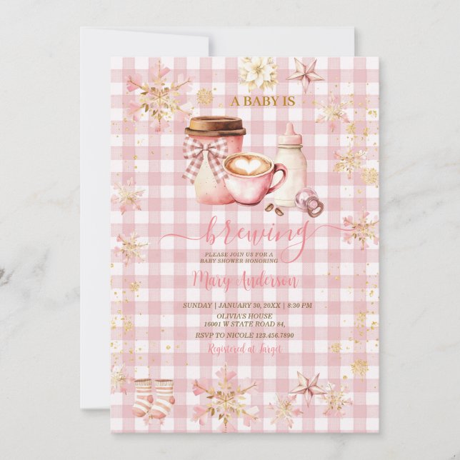 Pink Gingham Baby Is Brewing Winter Baby Shower Inbjudningar (Framsida)