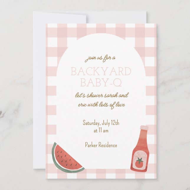 Pink Gingham Baby-Q Baby Shower Invitation Inbjudningar (Framsida)