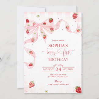 Pink Gingham Berry First Strawberry 1st Birthday Inbjudningar