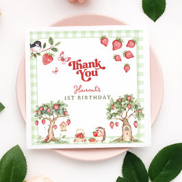 Pink Gingham Berry First Strawberry 1st Birthday Pappersservett