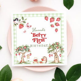 Pink Gingham Berry First Strawberry 1st Birthday Pappersservett