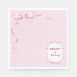 Pink Gingham Bow First Birthday Napkins Pappersservett