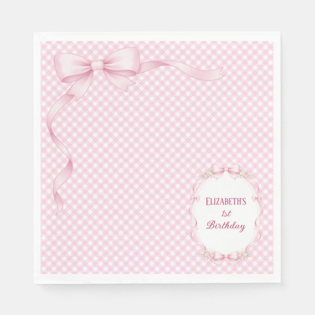 Pink Gingham Bow First Birthday Napkins Pappersservett (Framsidan)