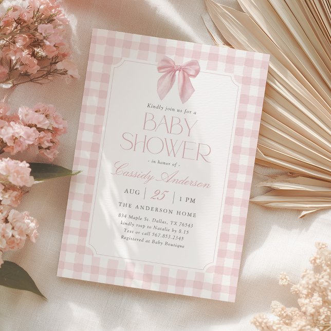 Pink Gingham Bow Girl Baby Shower Inbjudningar (Skapare uppladdad)