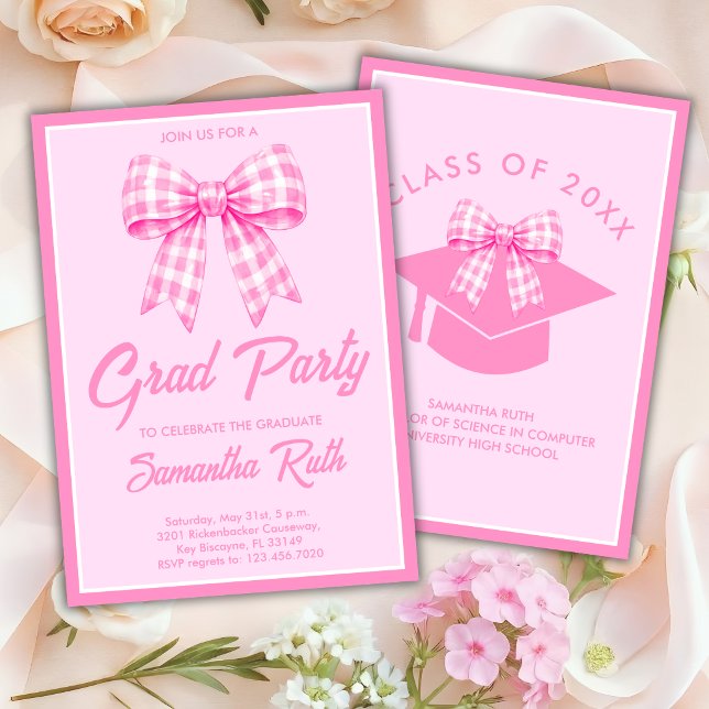 Pink Gingham Bow Graduation Party Inbjudningar (Skapare uppladdad)