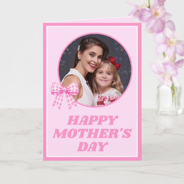 Pink Gingham Bow Photo Mother's Day Card Kort (Orkide)