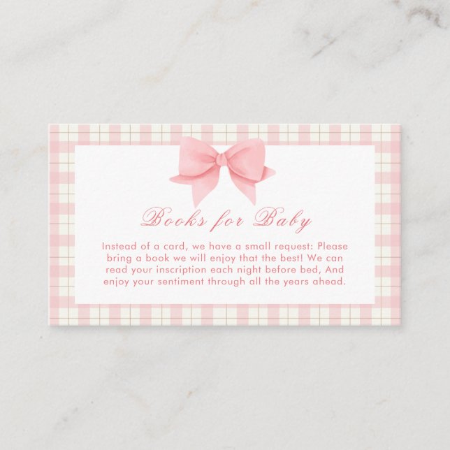 Pink Gingham Bow Plaid Books For Baby Shower  Tilläggskort (Framsida)