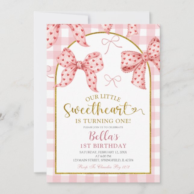 Pink Gingham Bow Sweetheart Birthday  Inbjudningar (Framsida)