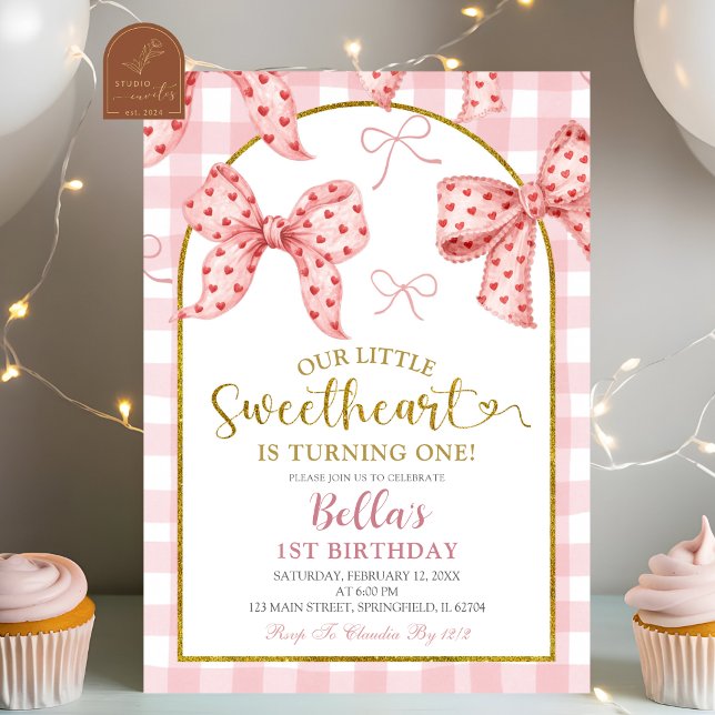 Pink Gingham Bow Sweetheart Birthday  Inbjudningar (Skapare uppladdad)