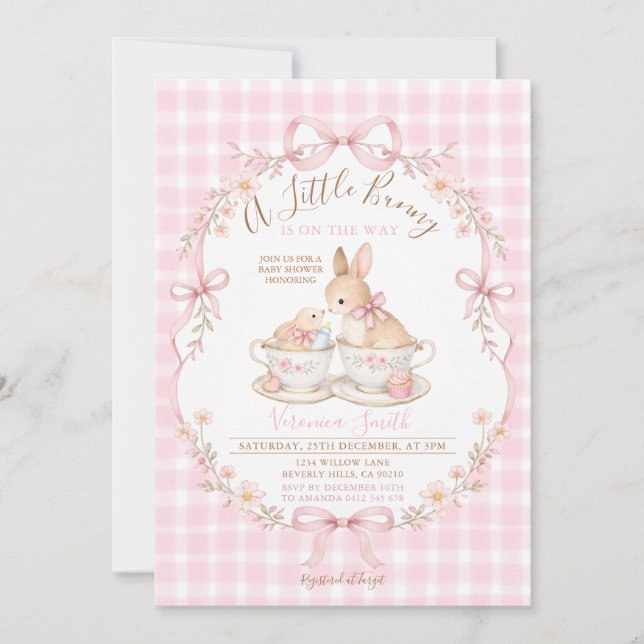 Pink Gingham Bunny Baby Shower Blush Dusty Pink Inbjudningar (Framsida)