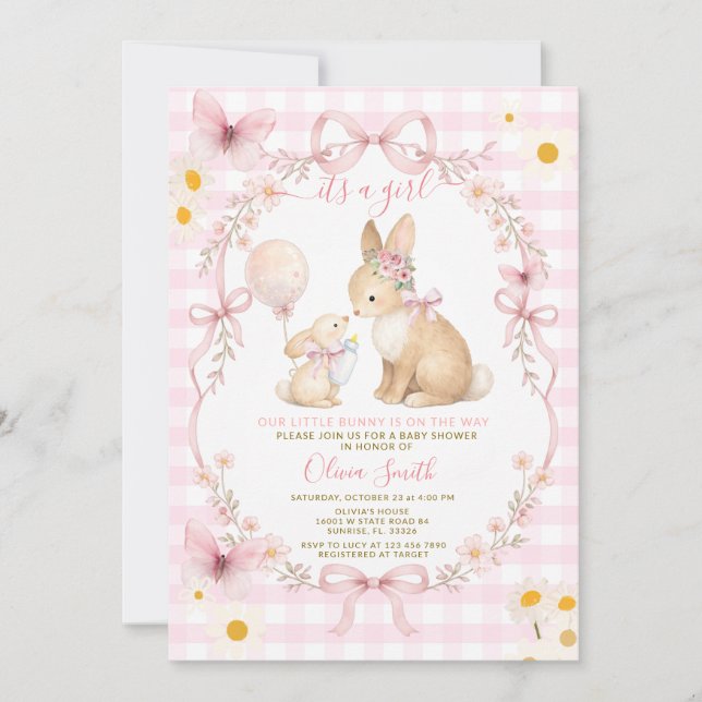 Pink Gingham Bunny Baby Shower Butterfly Daisy Inbjudningar (Framsida)