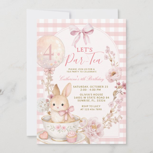 Pink Gingham Bunny Tea Party Girl Birthday  Inbjudningar (Framsida)