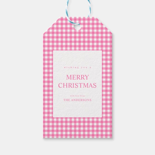 Pink Gingham Christmas Presentetikett (Framsidan)