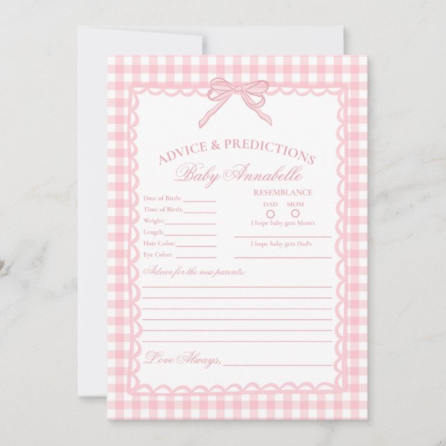 Pink Gingham Coquette Bow Advice for Baby Card Inbjudningar (Framsida)