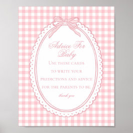 Pink Gingham Coquette Bow Advice for Baby Shower Poster