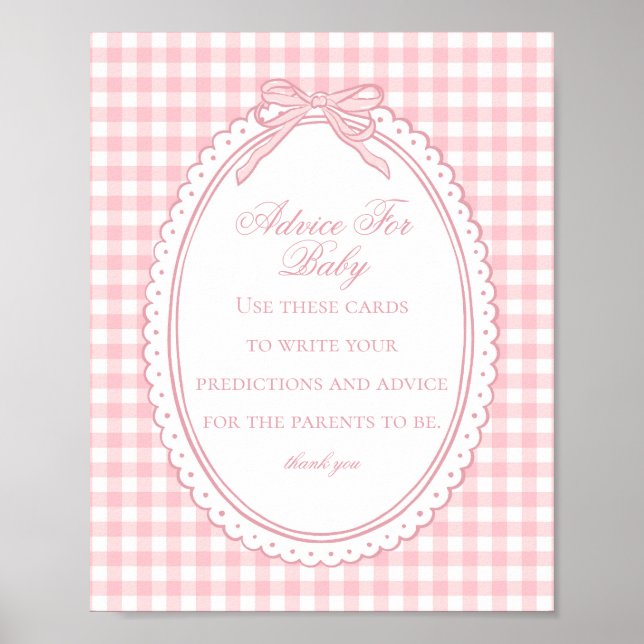 Pink Gingham Coquette Bow Advice for Baby Shower Poster (Framsidan)