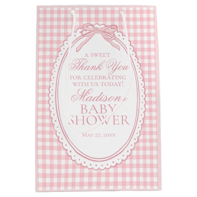 Pink Gingham Coquette Bow Baby Shower Favors (Framsidan)