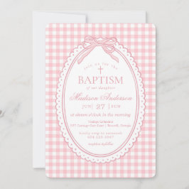 Pink Gingham Coquette Bow Baptism Inbjudningar