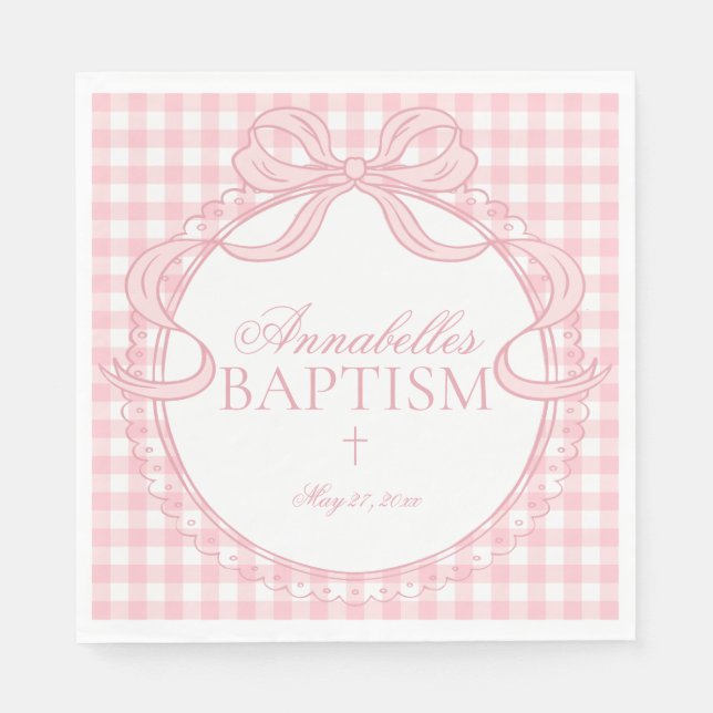 Pink Gingham Coquette Bow Baptism Table Decor Pappersservett (Framsidan)