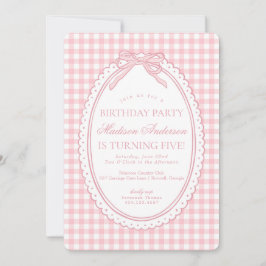 Pink Gingham Coquette Bow Birthday Party Inbjudningar