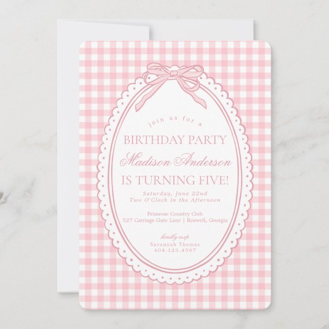 Pink Gingham Coquette Bow Birthday Party Inbjudningar (Framsida)